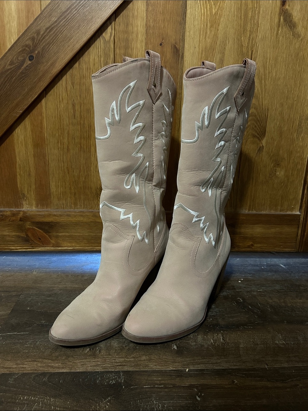Maurices Blush Pink Cowboy Heeled Boots with White Stitching